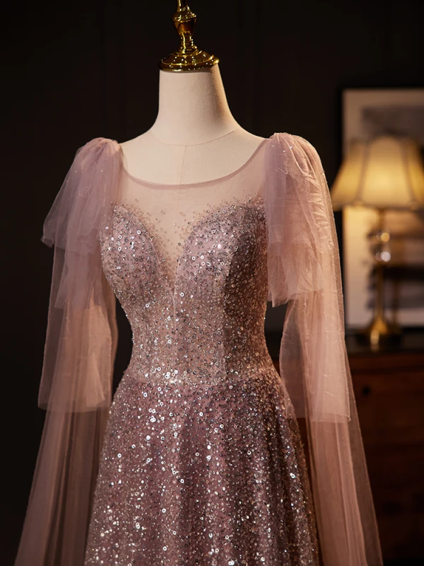Sparkly Blushing Pink Sequins Prom Dresses 2024 A-Line / Princess Scoop Neck Short Sleeve Backless Floor-Length / Long Prom Formal Dresses