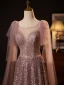 Sparkly Blushing Pink Sequins Prom Dresses 2024 A-Line / Princess Scoop Neck Short Sleeve Backless Floor-Length / Long Prom Formal Dresses