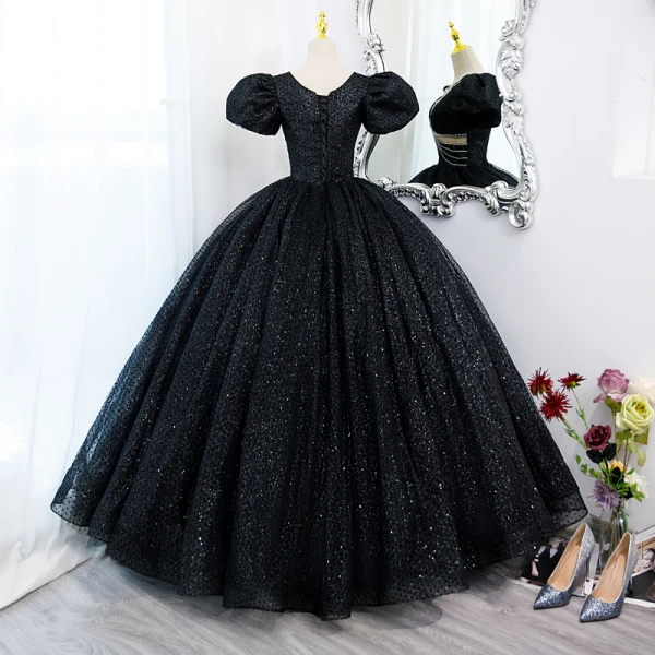 Élégant Noire Perle Faux Diamant Paillettes Robe De Bal Longue 2022 Robe Boule Encolure Dégagée Gonflée Manches Courtes Dos Nu Promo Robe De Ceremonie