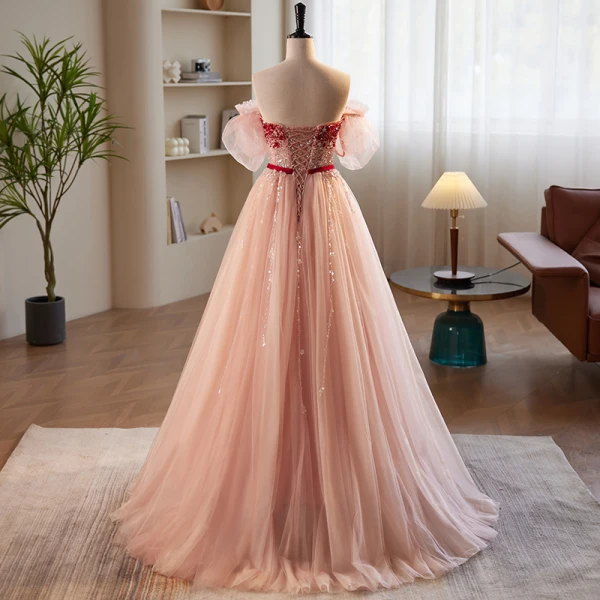 Fashion Blushing Pink Beading Sequins Prom Dresses 2023 A-Line / Princess Off-The-Shoulder Bow Sash Short Sleeve Backless Floor-Length / Long Prom Formal Dresses