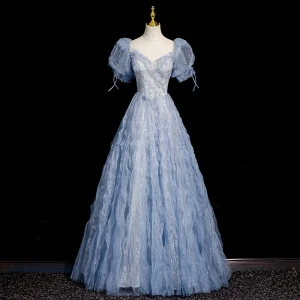 Bling Bling Bleu Ciel Volants Perlage Robe De Bal 2023 Princesse Encolure Carrée Manches Courtes Dos Nu Longue Promo Robe De Ceremonie