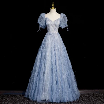 Bling Bling Sky Blue Ruffle Beading Prom Dresses 2023 A Line Princess Square Neckline Short Sleeve Backless Floor Length Long Prom Formal Dresses