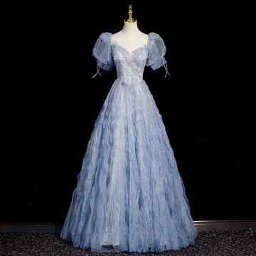 Bling Bling Bleu Ciel Volants Perlage Robe De Bal 2023 Princesse Encolure Carrée Manches Courtes Dos Nu Longue Promo Robe De Ceremonie