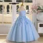 Chic / Beautiful Sky Blue Appliques Pearl Birthday Flower Girl Dresses 2025 Ball Gown Scoop Neck Sleeveless Backless Floor-Length / Long
