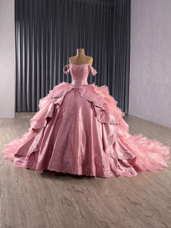 Luxury / Gorgeous Flower Fairy Candy Pink Handmade  Rhinestone Lace Flower Cascading Ruffles Prom Dresses Quinceañera 2025 Ball Gown Off-The-Shoulder Sleeveless Backless