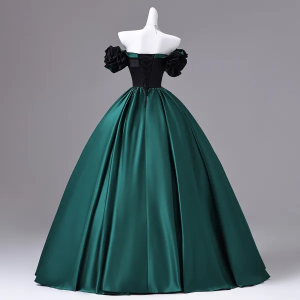 Vintage / Retro Dark Green Prom Dresses 2026 Ball Gown Off-The-Shoulder Puffy Short Sleeve Backless Floor-Length / Long Formal Dresses Vintage / Retro Dark Green Prom Dresses 2026 Ball Gown Off-The-Shoulder Puffy Short Sleeve Backless Floor-Length / Long Formal Dresses