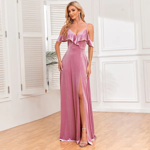 Sexy Pink Samt Gespaltete Front Abendkleider 2024 Meerjungfrau Spaghettiträger Ärmellos Rückenfreies Lange Abend Festliche Kleider