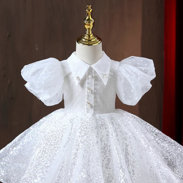 Chic / Beautiful White Pearl Sequins Flower Girl Dresses 2022 A-Line / Princess High Neck Puffy Short Sleeve Floor-Length / Long Prom Flower Girl Dresses