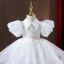 Chic / Beautiful White Pearl Sequins Flower Girl Dresses 2022 A-Line / Princess High Neck Puffy Short Sleeve Floor-Length / Long Prom Flower Girl Dresses