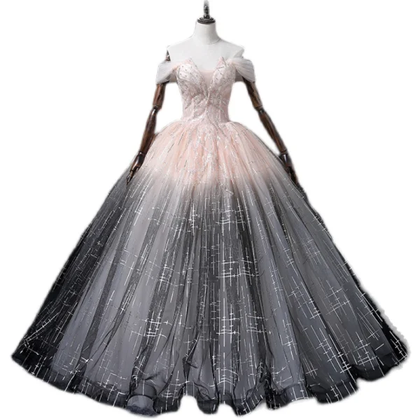 Charmant Dégradé De Couleur Rougissant Rose Robe De Bal 2022 Robe Boule De l'épaule Perlage Paillettes Sans Manches Dos Nu Longue Robe De Ceremonie