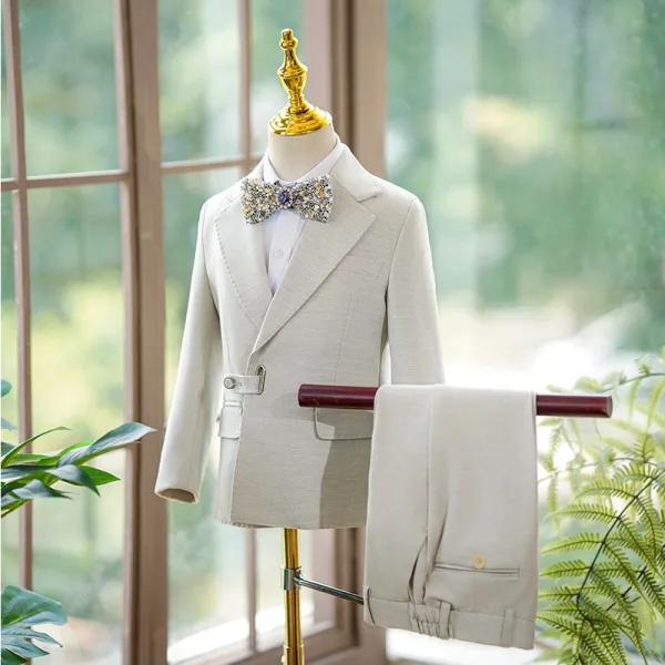 Grey White Long Sleeve Boys Wedding Suits 2025 Coat Pants Shirt Tie Wedding