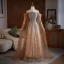 Bling Bling Sky Blue Beading Sequins Prom Dresses 2025 A-Line / Princess Off-The-Shoulder Short Sleeve Backless Floor-Length / Long Prom Formal Dresses