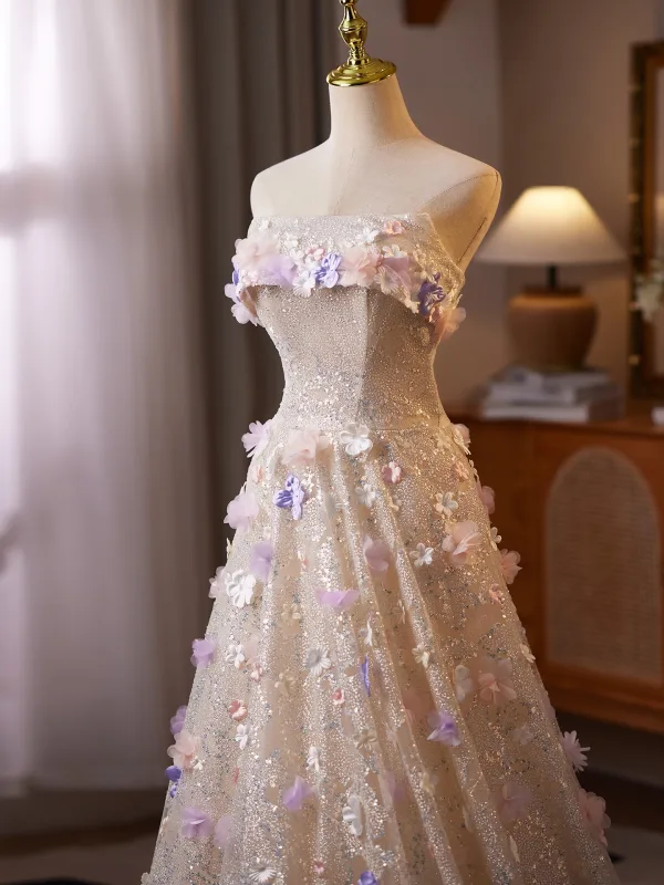 Flower Fairy Bling Bling Champagne Sequins Appliques Prom Dresses 2025 A-Line / Princess Strapless Sleeveless Backless Floor-Length / Long Formal Dresses
