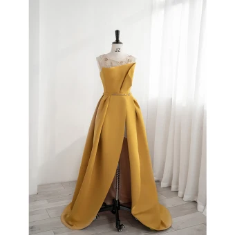 Chic Beautiful Yellow Satin Beading Split Front Evening Dresses 2023 A Line Princess Scoop Neck Sleeveless Backless Sweep Train Evening Party Formal Dresses