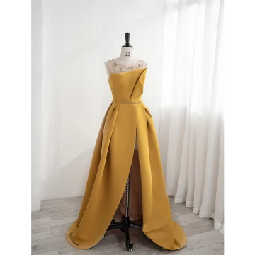 Chic Beautiful Yellow Satin Beading Split Front Evening Dresses 2023 A Line Princess Scoop Neck Sleeveless Backless Sweep Train Evening Party Formal Dresses