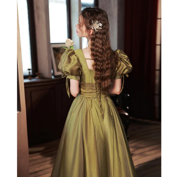 Elegant Clover Green Prom Dresses 2022 A-Line / Princess V-Neck Puffy Short Sleeve Backless Floor-Length / Long Prom Formal Dresses