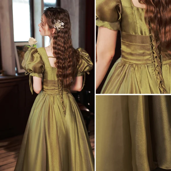 Elegant Clover Green Prom Dresses 2022 A-Line / Princess V-Neck Puffy Short Sleeve Backless Floor-Length / Long Prom Formal Dresses