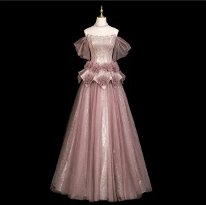 Bling Bling Ciemny Róż Rhinestone Cekiny Sukienki Na Bal 2025 Princessa Przy Ramieniu Kótkie Rękawy Bez Pleców Długie Sukienki Wizytowe