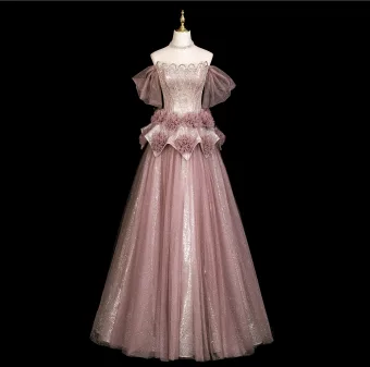 Bling Bling Rose Sombre Faux Diamant Paillettes Robe De Bal 2025 Princesse De L Épaule Manches Courtes Dos Nu Longue Robe De Ceremonie