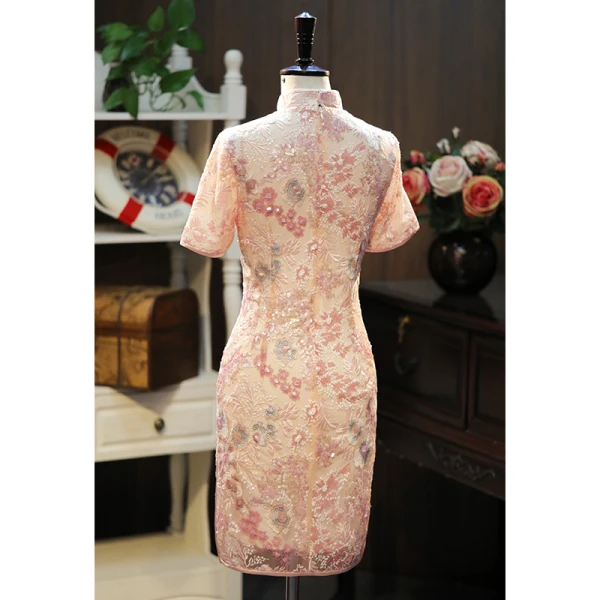 Chic / Beautiful Blushing Pink Lace Flower Sequins Evening Party Cheongsam 2024 Trumpet / Mermaid High Neck Short Sleeve Tea-length