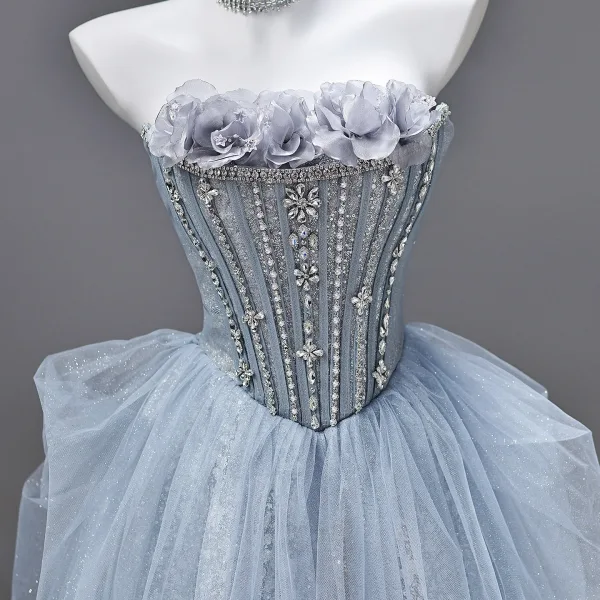 Bling Bling Himmelblau Strass Pailletten Applikationen Ballkleider 2026 A Linie Off Shoulder Kurze Ärmel Rückenfreies Lange Festliche Kleider