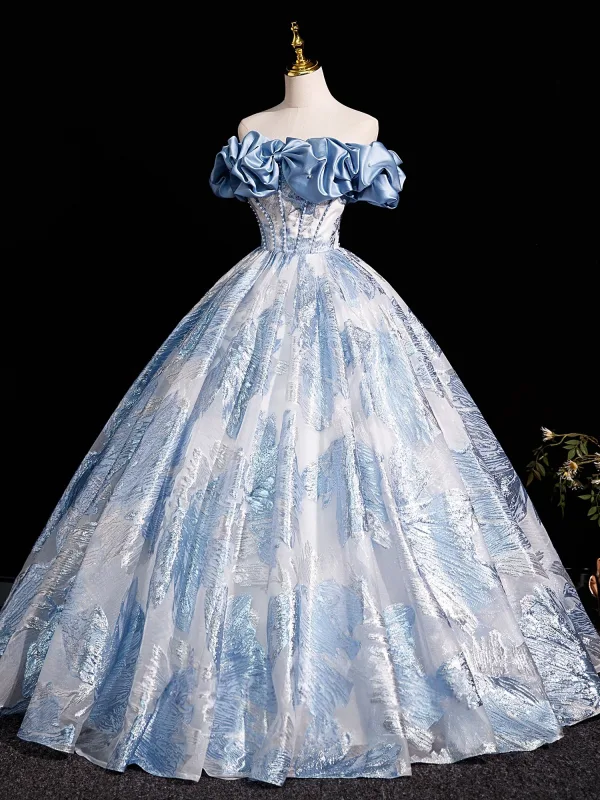 Elegant Sky Blue Glitter Pearl Printing Prom Dresses 2025 Ball Gown Off-The-Shoulder Sleeveless Backless Floor-Length / Long Prom Formal Dresses