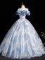 Elegant Sky Blue Glitter Pearl Printing Prom Dresses 2025 Ball Gown Off-The-Shoulder Sleeveless Backless Floor-Length / Long Prom Formal Dresses