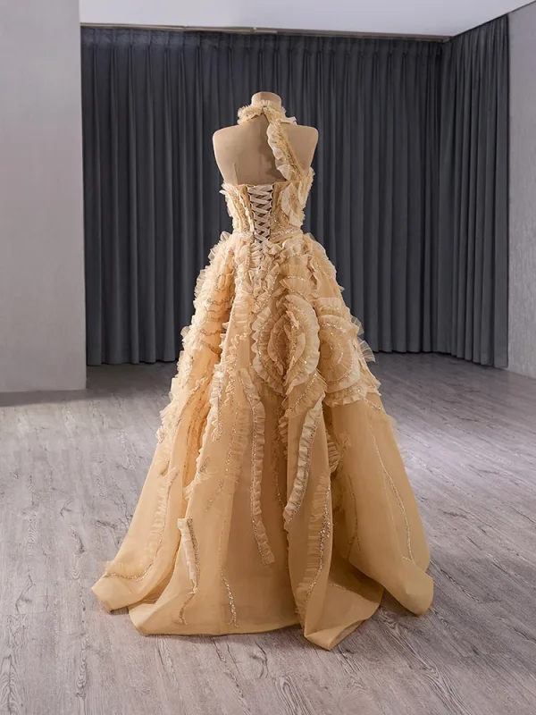 High-end Champagne Beading Sequins Ruffle Prom Dresses 2024 A-Line / Princess High Neck Sleeveless Backless Floor-Length / Long Prom Formal Dresses