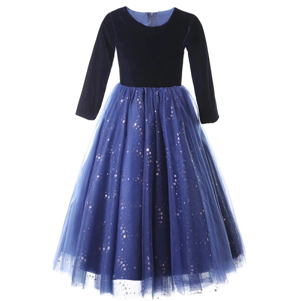 Vintage / Retro Navy Blue Suede Birthday Flower Girl Dresses 2022 Ball Gown Scoop Neck Long Sleeve Sequins Floor-Length / Long Flower Girl Dresses