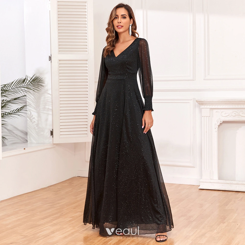Chic / Beautiful Black Glitter Split Front Prom Dresses 2024 A-Line /  Princess V-Neck Long Sleeve Backless Floor-Length / Long Prom Formal Dresses