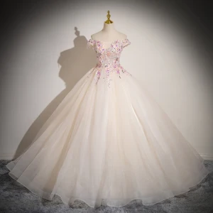 Elegant Champagne Beading Sequins Lace Flower Appliques Prom Dresses 2024 Ball Gown Off The Shoulder Sleeveless Backless Floor Length Long Prom Formal Dresses
