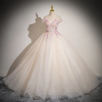 Élégant Champagne Perlage Paillettes En Dentelle Fleur Appliques Robe De Bal 2024 Robe Boule De L Épaule Sans Manches Dos Nu Longue Promo Robe De Ceremonie