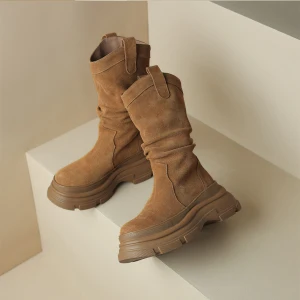 Vintage Retro Brown Suede Street Wear Winter Womens Boots 2024 Leather 8 Cm Wedges Pointed Toe Boots