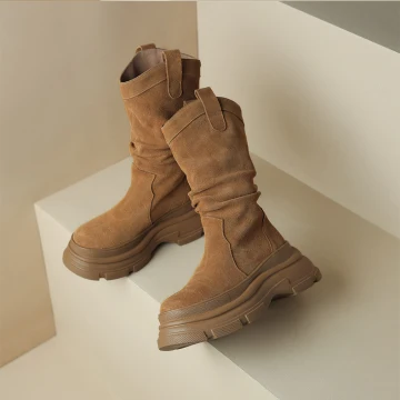 Vintage Bruin Suede Straatkleding Winter Dames Laarzen 2024 Leer 8 Cm Sleehakken Spitse Neus Laarzen
