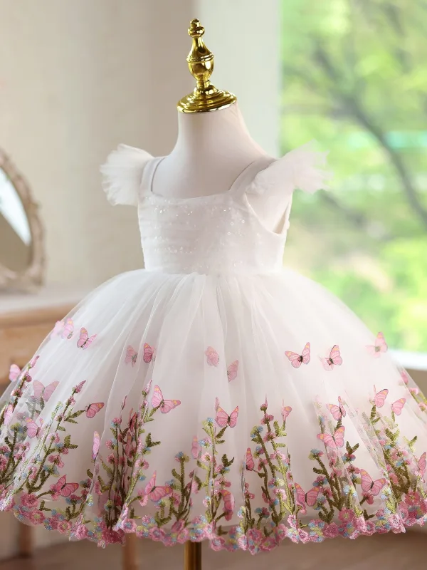 Fée Des Fleurs Blanche Perlage Paillettes En Dentelle Fleur Courte Anniversaire Robe Ceremonie Fille 2026 Robe Boule Encolure Carrée Mancherons Dos Nu Tulle