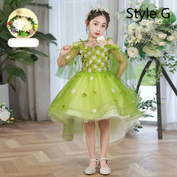 Flower Fairy Sage Green Appliques Birthday Flower Girl Dresses 2024 Ball Gown V-Neck Bell sleeves Floor-Length / Long