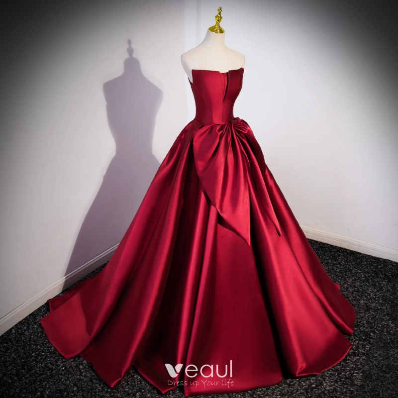 Elegant Strapless Red Satin Sweep Train Prom Dress Elegant Strapless Red Satin Sweep Train Prom Dress
