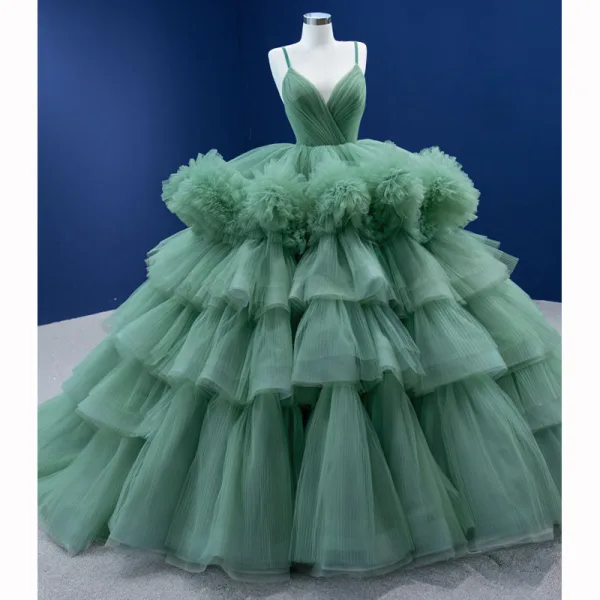 Haut de Gamme Vert Cendré Volants en Cascade Volants Robe De Bal 2022 Robe Boule Bretelles Spaghetti Sans Manches Dos Nu Longue Robe De Ceremonie