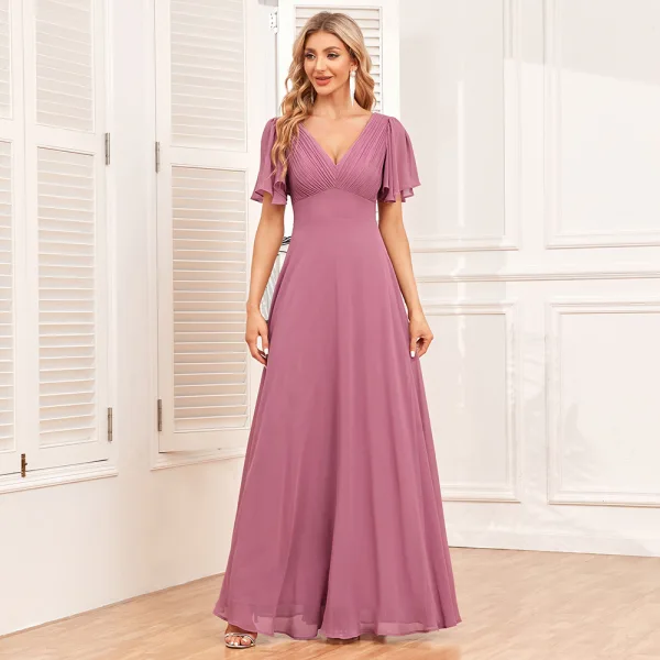 Modest / Simple Royal Blue Prom Dresses 2024 A-Line / Princess V-Neck Short Sleeve Backless Floor-Length / Long Prom Formal Dresses