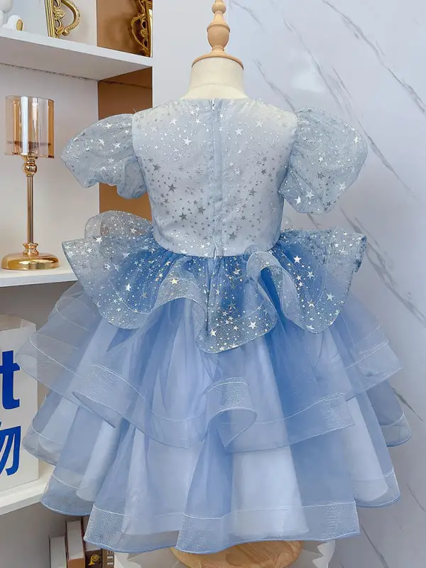Fashion Sky Blue Star Sequins Cascading Ruffles Birthday Flower Girl Dresses 2022 Ball Gown Scoop Neck Puffy Short Sleeve Floor-Length / Long Flower Girl Dresses