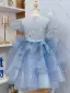Fashion Sky Blue Star Sequins Cascading Ruffles Birthday Flower Girl Dresses 2022 Ball Gown Scoop Neck Puffy Short Sleeve Floor-Length / Long Flower Girl Dresses