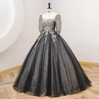 Scintillantes Noire Paillettes Robe De Bal 2022 Robe Boule Encolure Dégagée 1 2 Manches Dos Nu Longue Promo Robe De Ceremonie