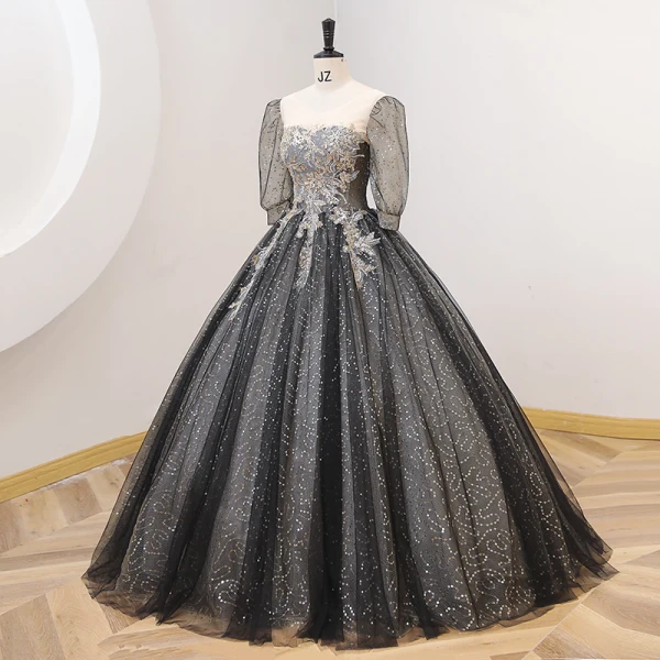Sparkly Black Sequins Prom Dresses 2022 Ball Gown Scoop Neck 1/2 Sleeves Backless Floor-Length / Long Prom Formal Dresses