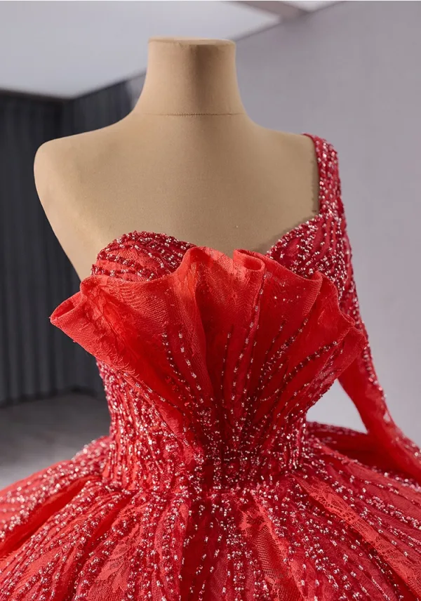 Luxe Rouge Fait main Perlage Robe De Bal 2024 Robe Boule Une épaule Manches Longues Dos Nu Train De Balayage Promo Robe De Ceremonie