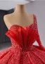 Luxe Rouge Fait main Perlage Robe De Bal 2024 Robe Boule Une épaule Manches Longues Dos Nu Train De Balayage Promo Robe De Ceremonie