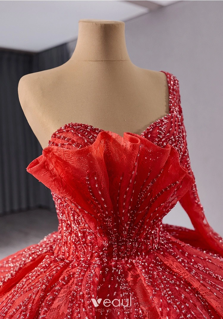 Luxury Gorgeous Red Handmade Beading Prom Dresses 2024 Ball Gown One  Shoulder Long Sleeve Backless Sweep Train Prom Formal Dresses