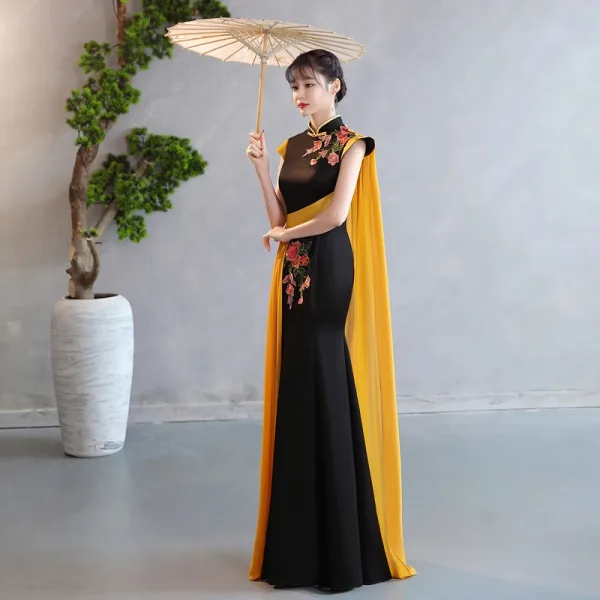 Chinese style Black Gold Lace Flower Evening Party Cheongsam 2025 Trumpet / Mermaid High Neck Cap Sleeves Floor-Length / Long Cheongsam / Qipao