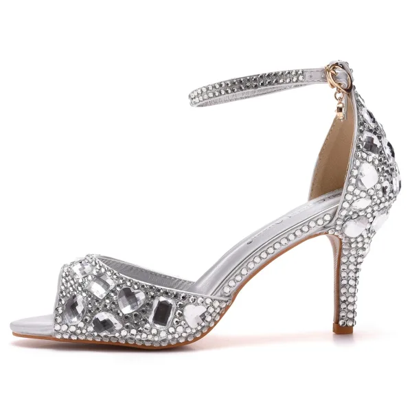 Charmant Silber Strass Abend Sandalen Damen 2023 7 cm Stilettos Peeptoes Knöchelriemen Sandaletten Hochhackige