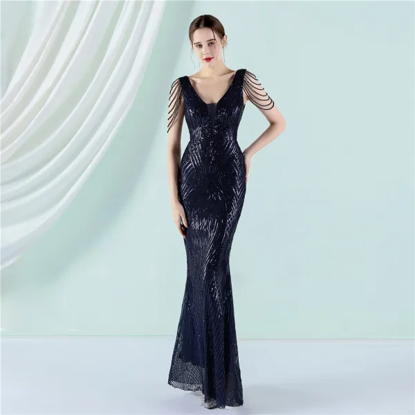 Sparkly Black Sequins Evening Dresses 2022 Trumpet / Mermaid V-Neck Beading Sleeveless Floor-Length / Long Evening Party Formal Dresses