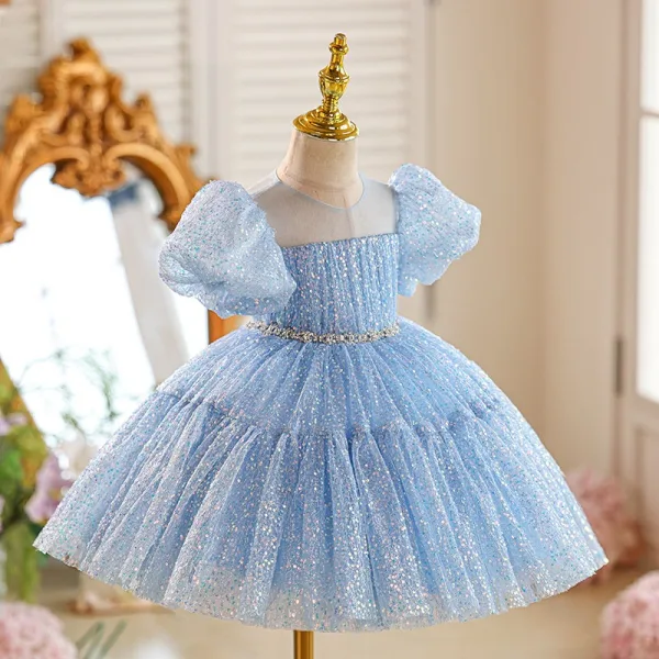 Lovely Blushing Pink Sequins Birthday Short Flower Girl Dresses 2026 Ball Gown Scoop Neck Puffy Short Sleeve